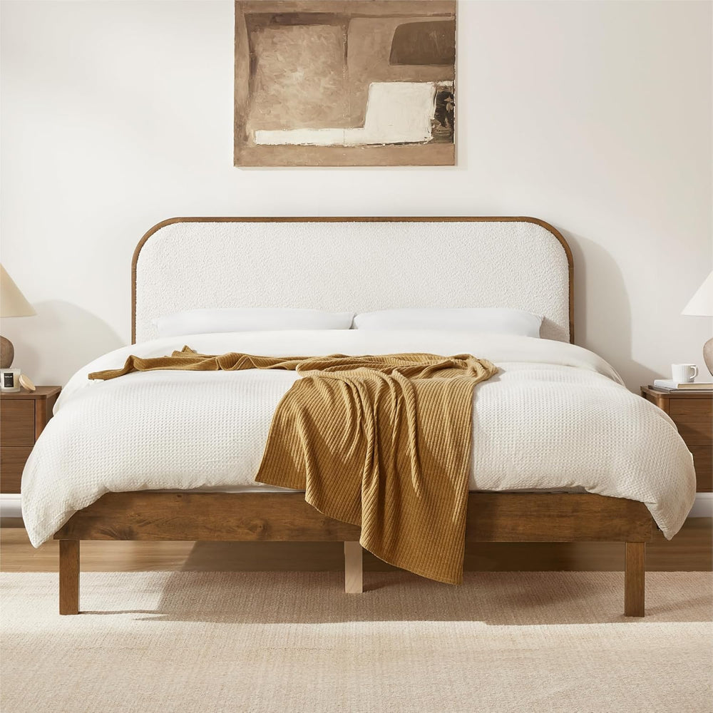 KISLOT Wood Bed Frame with Upholstered Headboard, Mid-Century Boucle Fabric P...