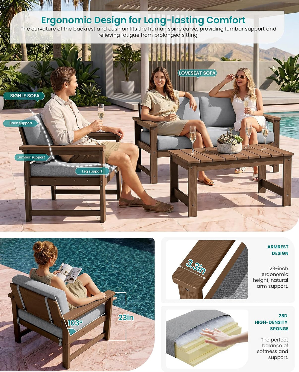 SERWALL 3 Pieces HDPE Outdoor Sofa Bistro Set with Cushions & Coffee Table
