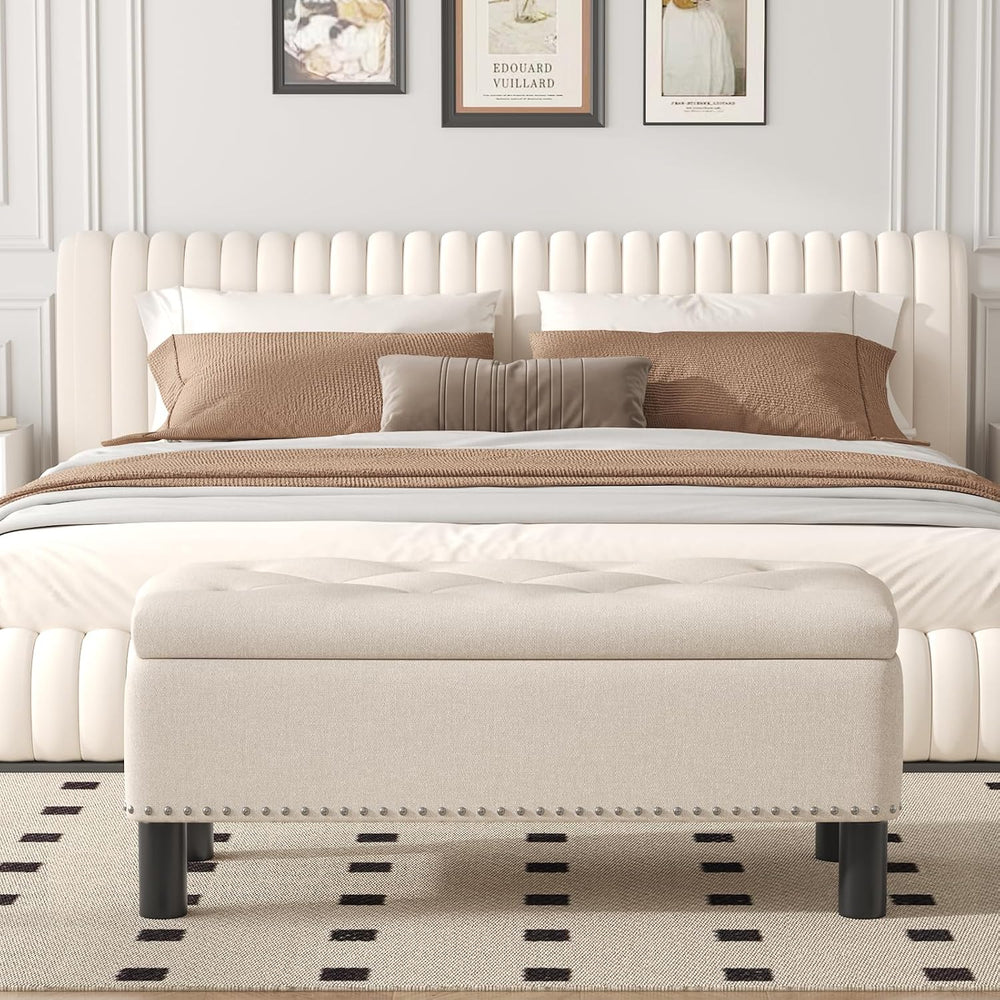 Furniliving Large Storage Ottoman, Beige, Wood Frame, Linen Fabric, 285 Lbs C...