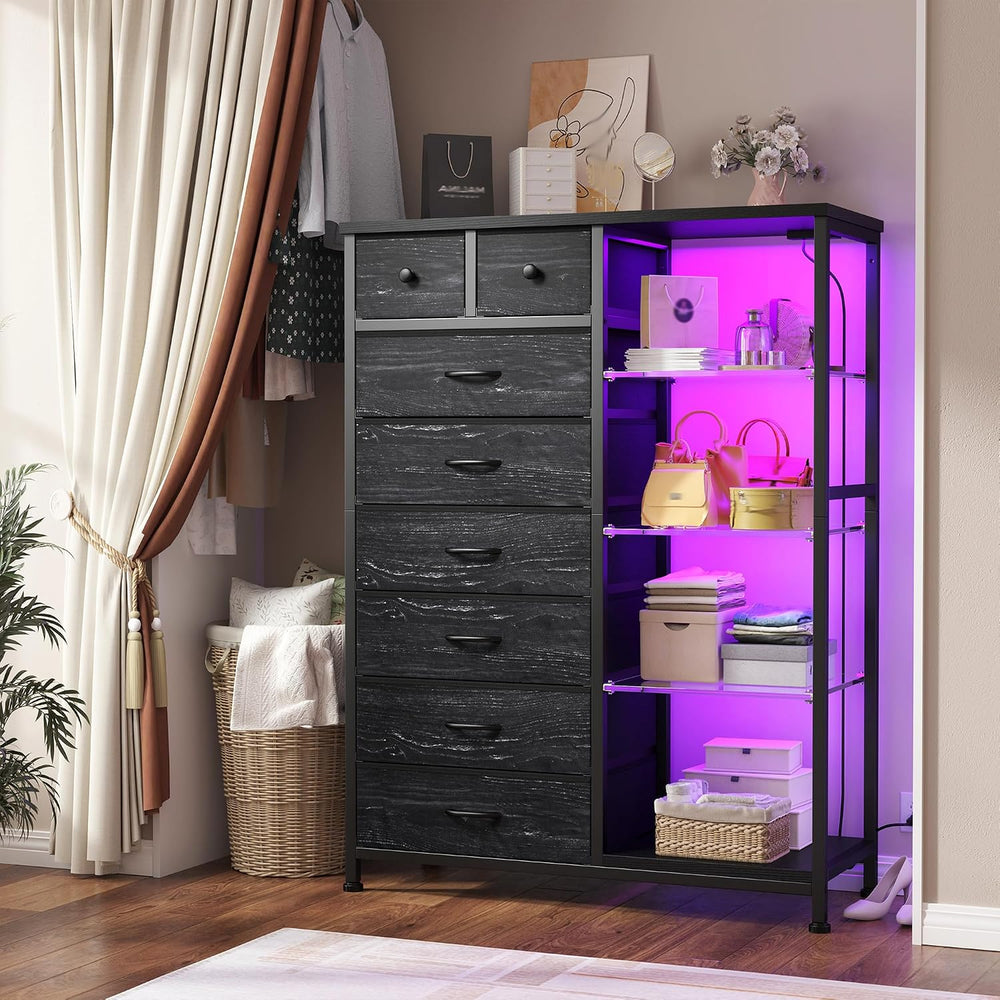 EnHomee Black Dresser with LED Lights & Power Outlets, 8 Drawers, 54" H