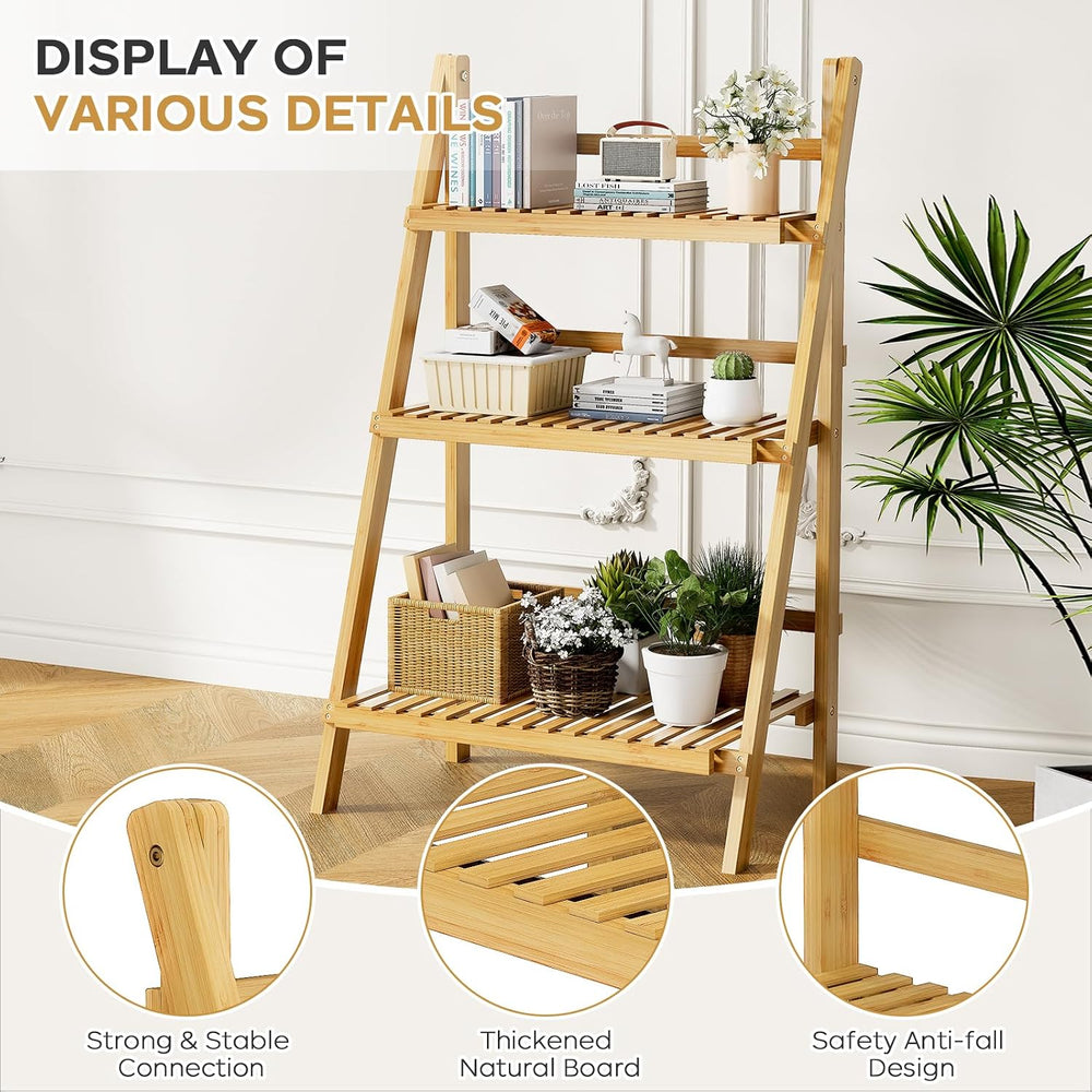 Foldable Ladder Shelf 39.4", Plant Shelf 3 Tier, Bamboo Ladder Flower Po...