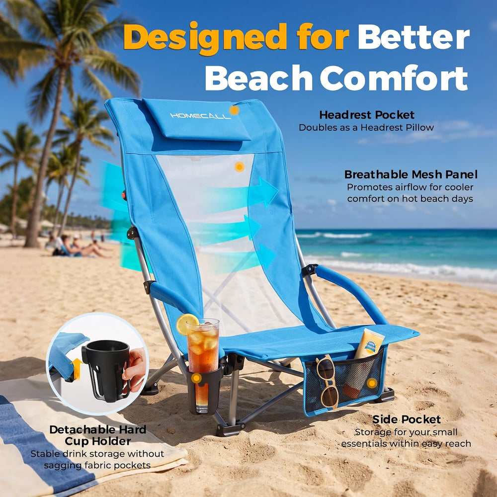 2 Pack Low Beach Chairs for Adults with High Back, Support 400LBS