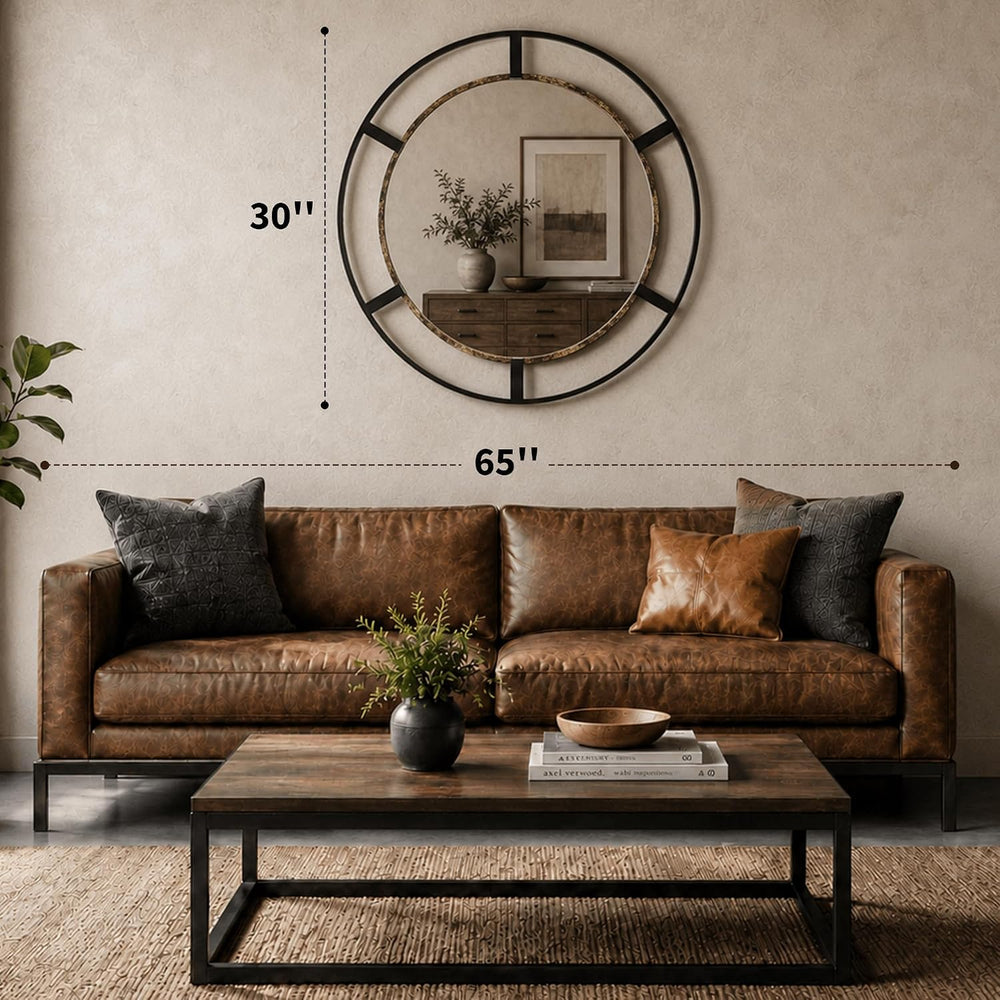 30 Inch Round Wall Mirror, Black & Antique Gold, Bathroom, Entryway