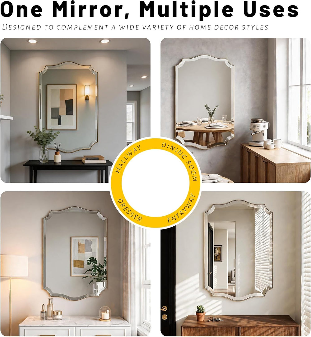 POZINO Scalloped Beveled Mirror 36"x24" Brushed Gold Bathroom Mirror