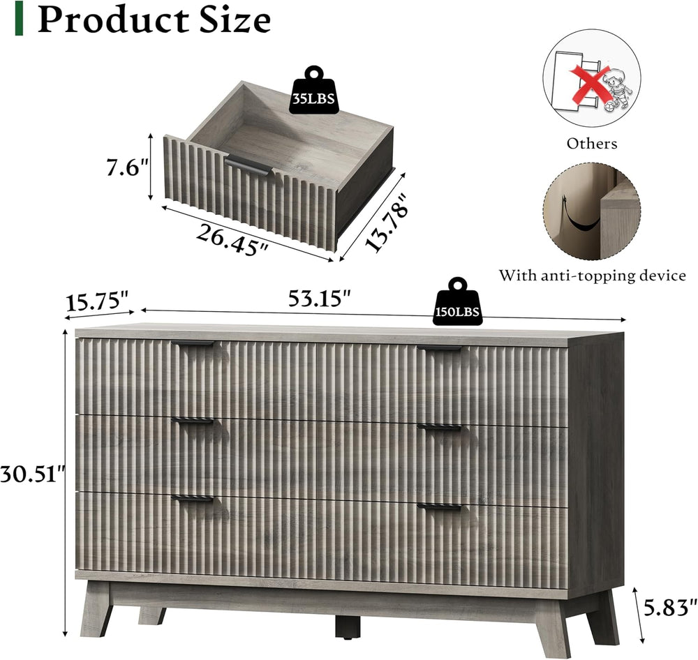 Fluted Dresser with 6 Drawers, 54" Wide Modern Chest of Drawers with Met...
