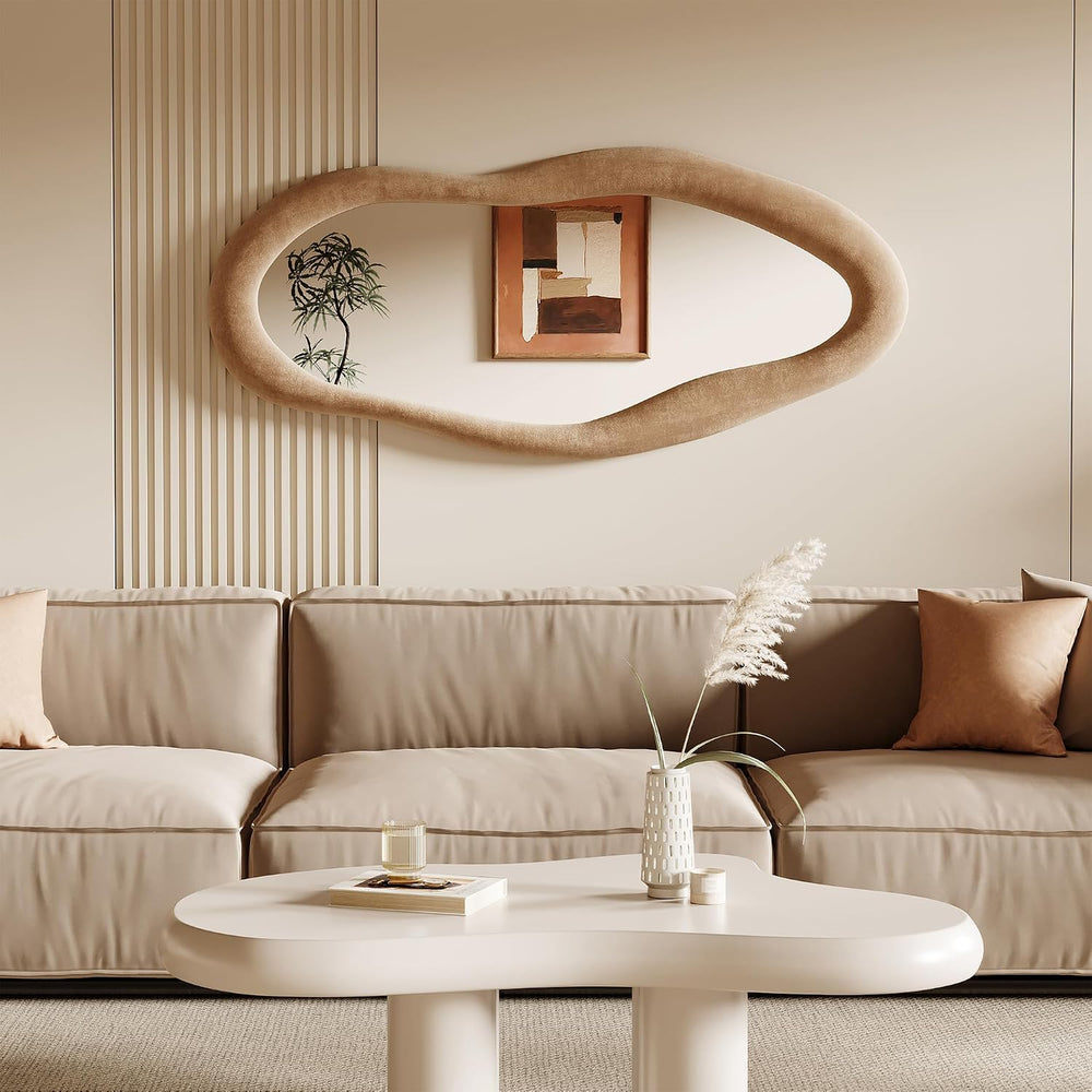 Honyee 55" x 24" Wall Mirror, Flannel Wrapped Wooden Frame Wavy Mir...
