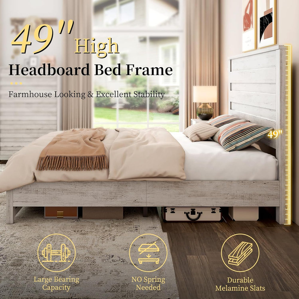 LUXOAK Full Farmhouse Bed Frame with 49" Tall Headboard