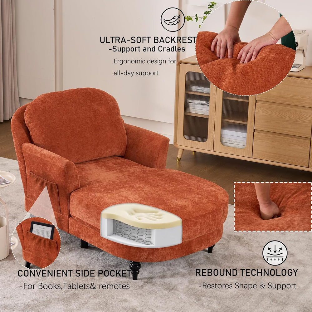59.8" Chaise Lounge Chair Indoor, Chenille Reading Chairs | Side Pocket,...