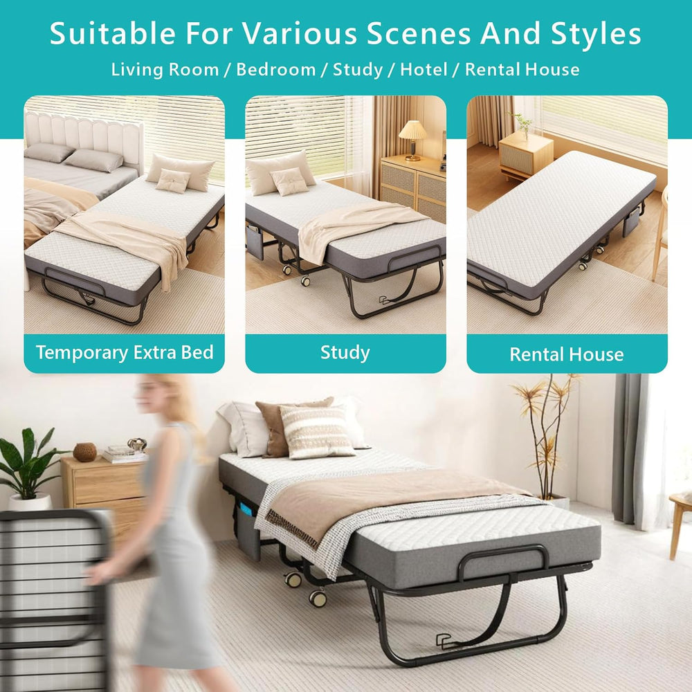 Folding Bed with Mattress for Adults, 75" x 31"Portable Cot-Size Ro...