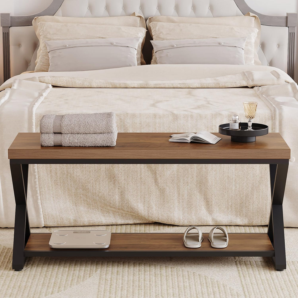 IBF Rustic Entryway Bench with Storage, Rustic Oak Wood and Metal Bench