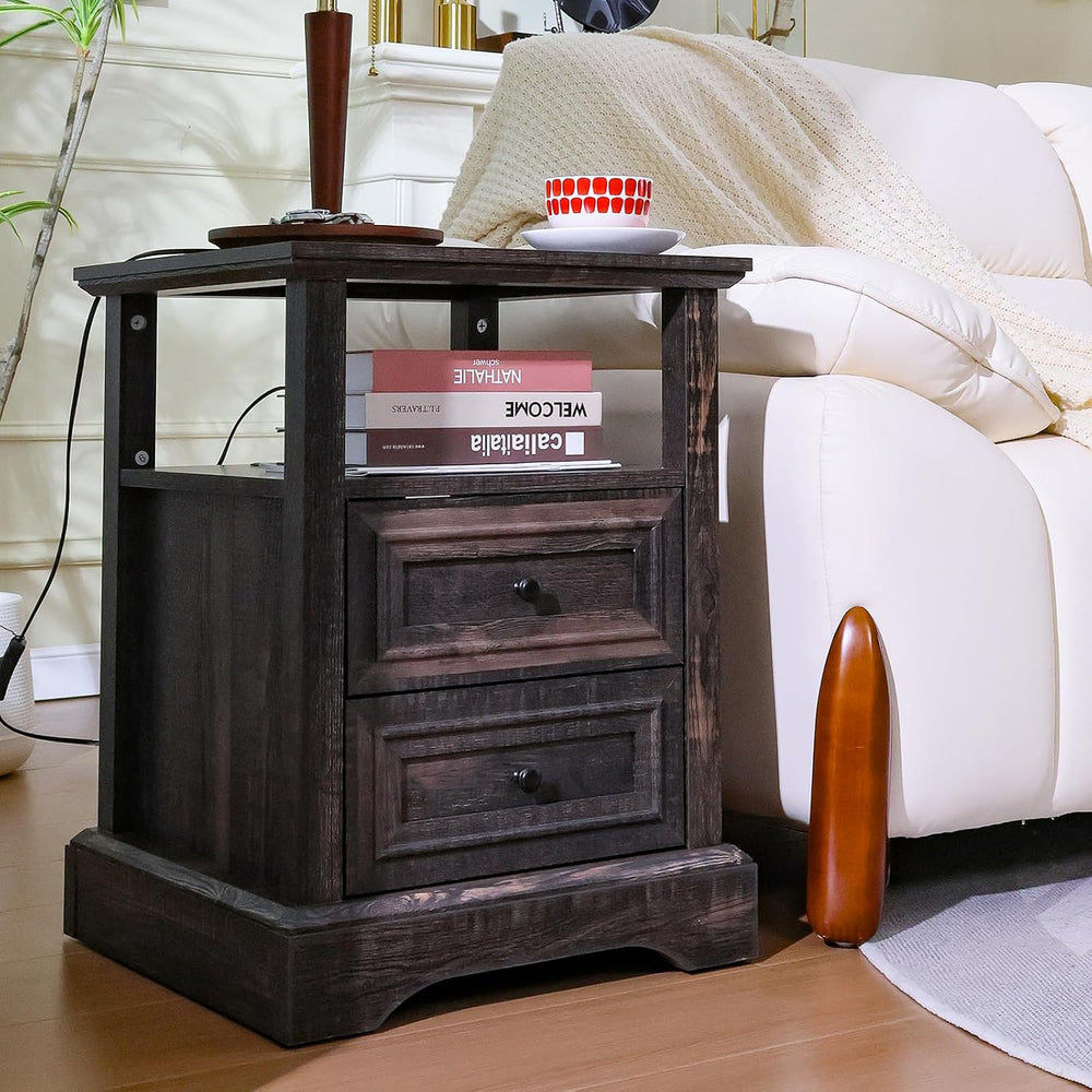 ALBAD Farmhouse Nightstand with Charging Station Rustic Bedside Table with 2 ...