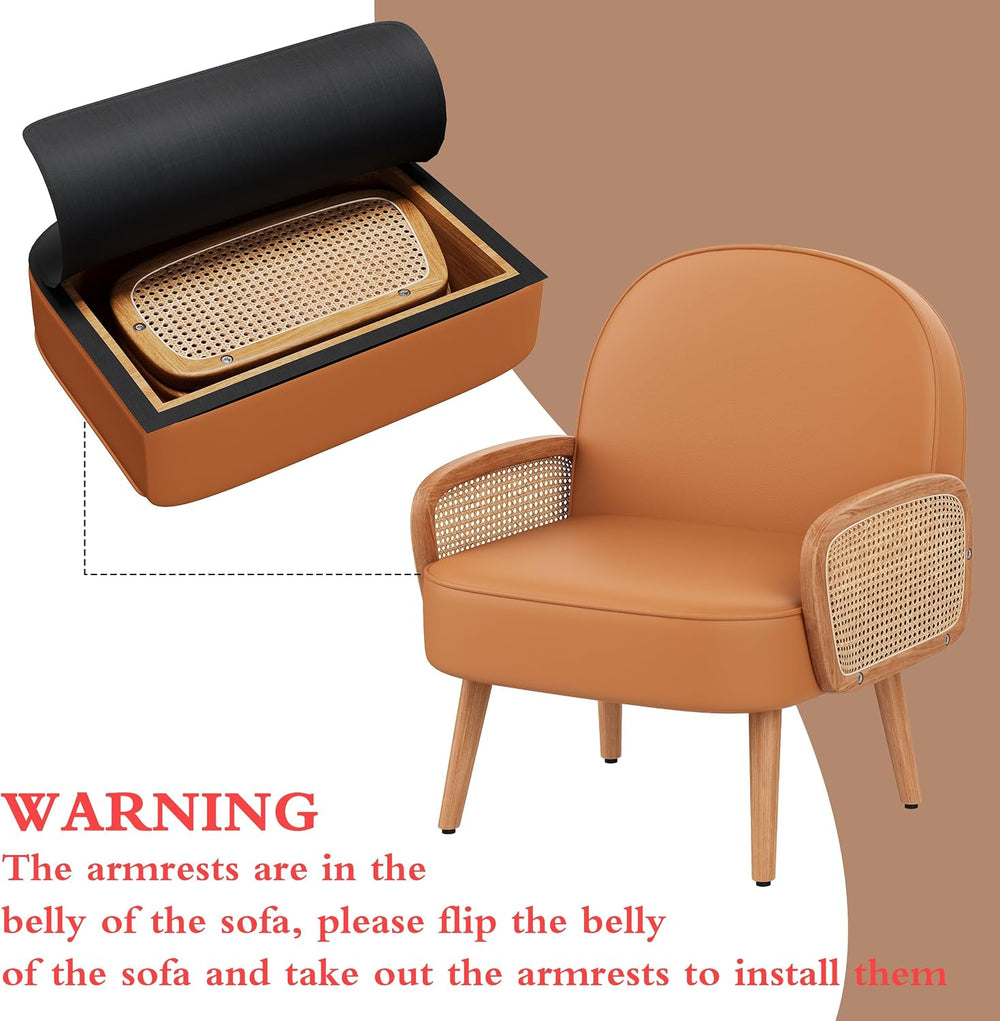 Aklaus Mid Century Modern Accent Chair Armchair with Rattan Arms Upholstered ...