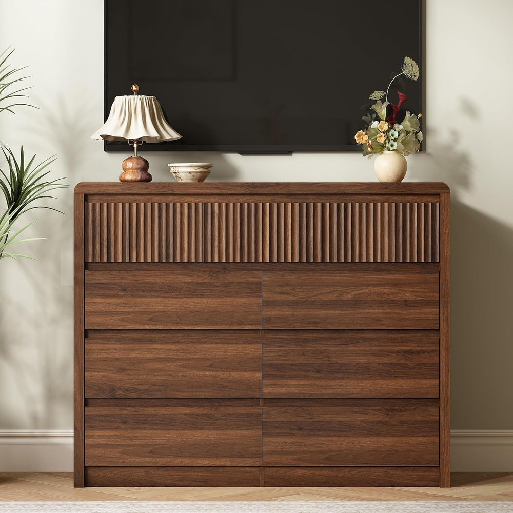 LYNSOM Walnut Fluted 9 Drawer Dresser for Bedroom, Curved Edge, 50" Wide