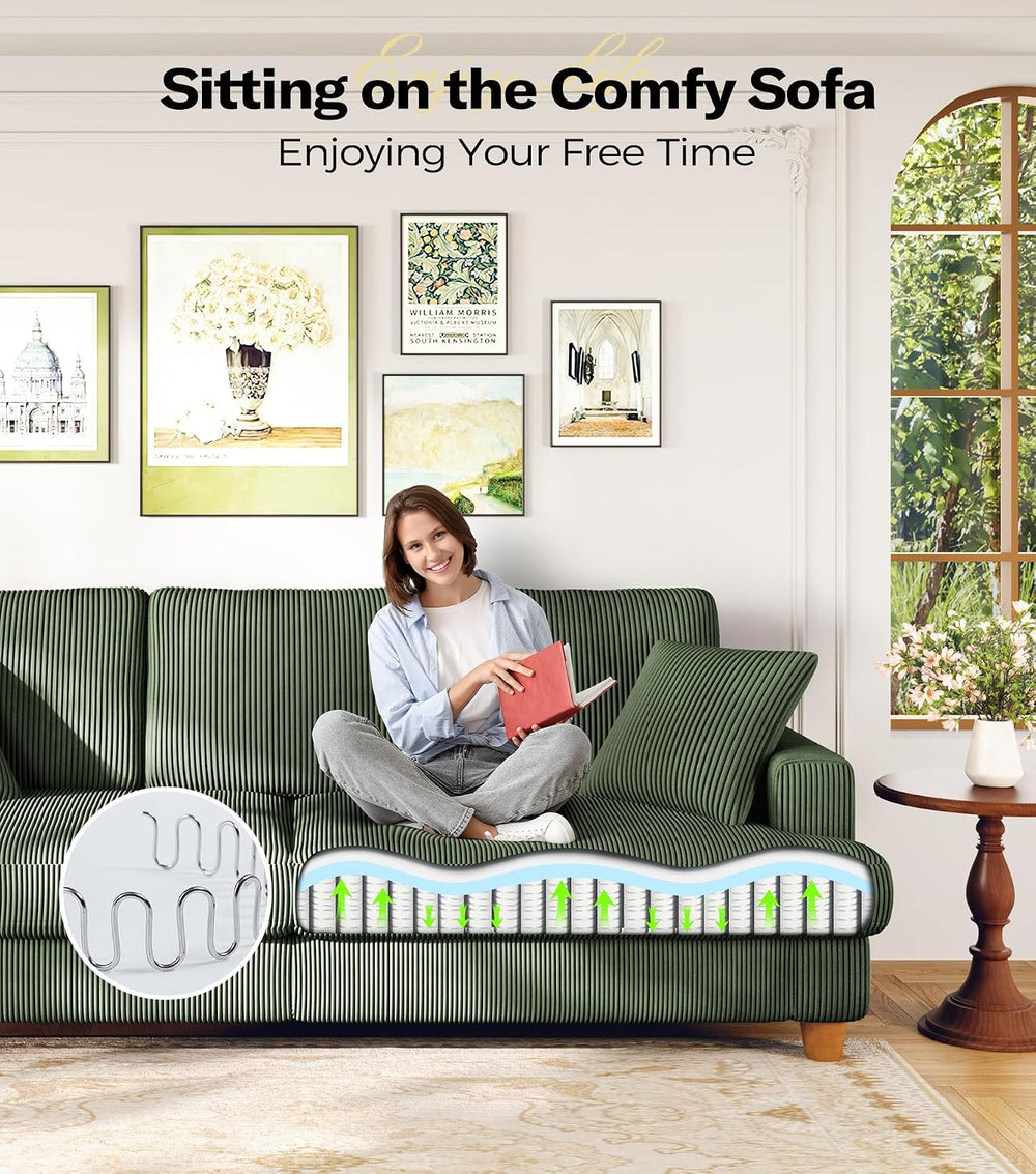 Kidirect 87in Corduroy Couch, 3 Seater Sofa, Sofas & Couches, Green Couch