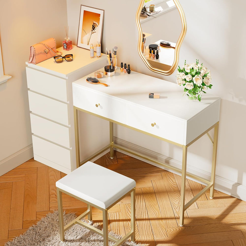 SUPERJARE 35.4" White and Gold Desk with 2 Drawers, Modern Makeup Vanity...