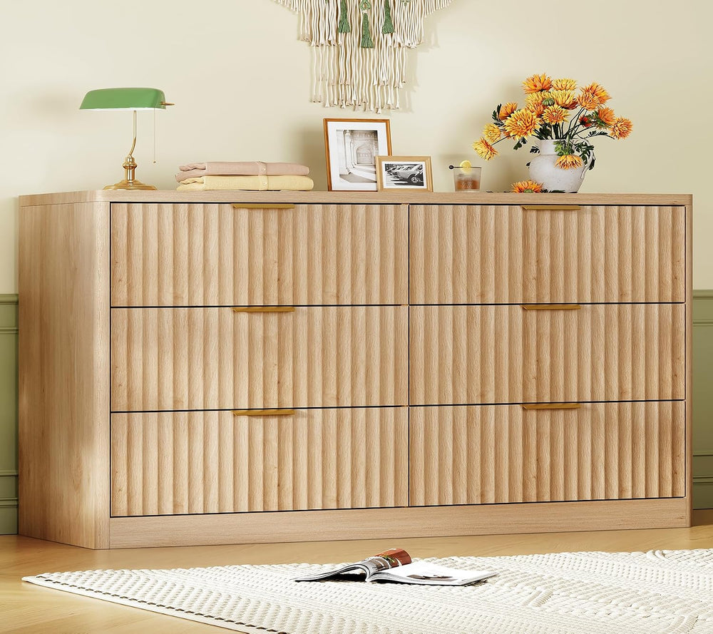Fluted 6 Drawer Dresser for Bedroom, Wide Modern Chest of Drawers with Metal ...