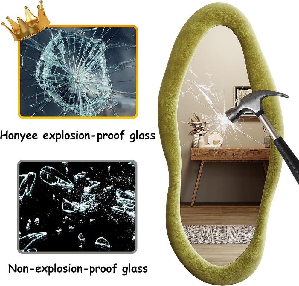 Honyee 55" x 24" Wavy Mirror, Flannel Wrapped Wooden Frame, Irregul...