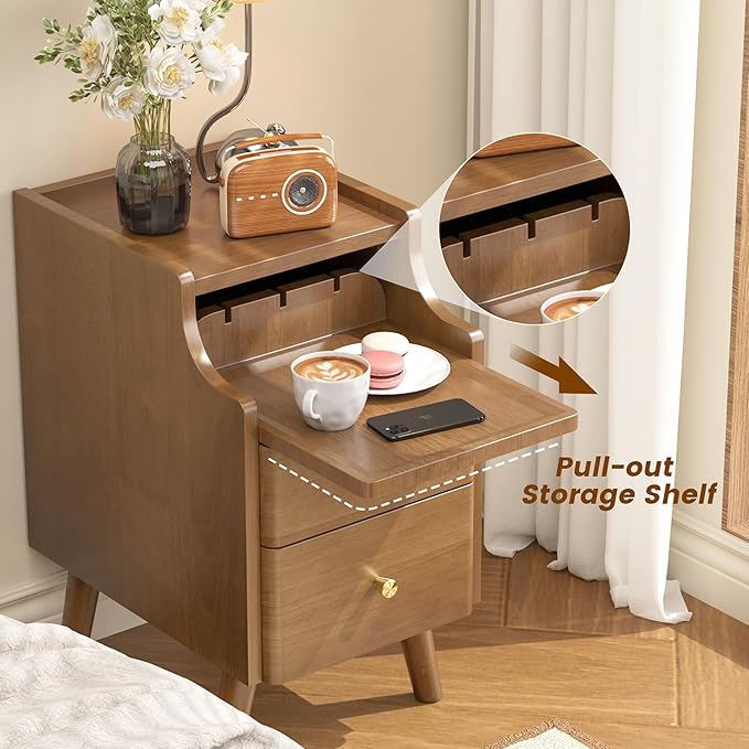 Narrow Nightstand, Solid Wood Night Stand with 2 Drawers, Walnut Mid Century ...
