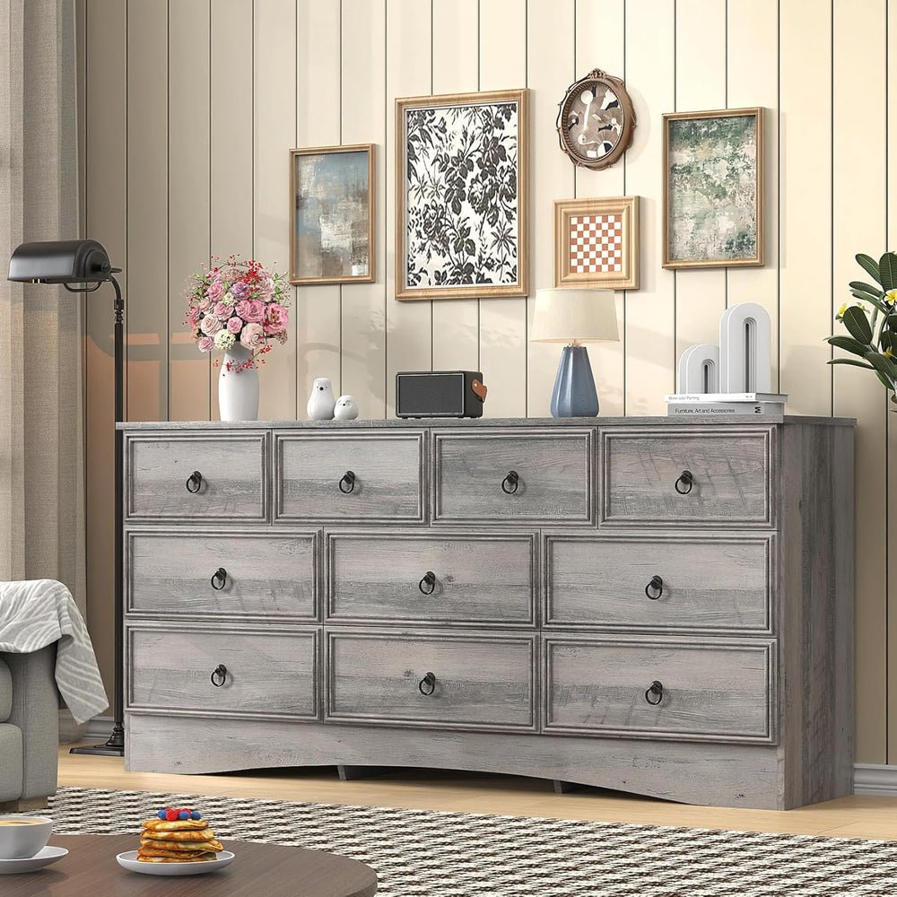 VVFLU 63โW Dressers for Bedroom, Grey Dresser with 10 Deep Drawer, Long Dress...