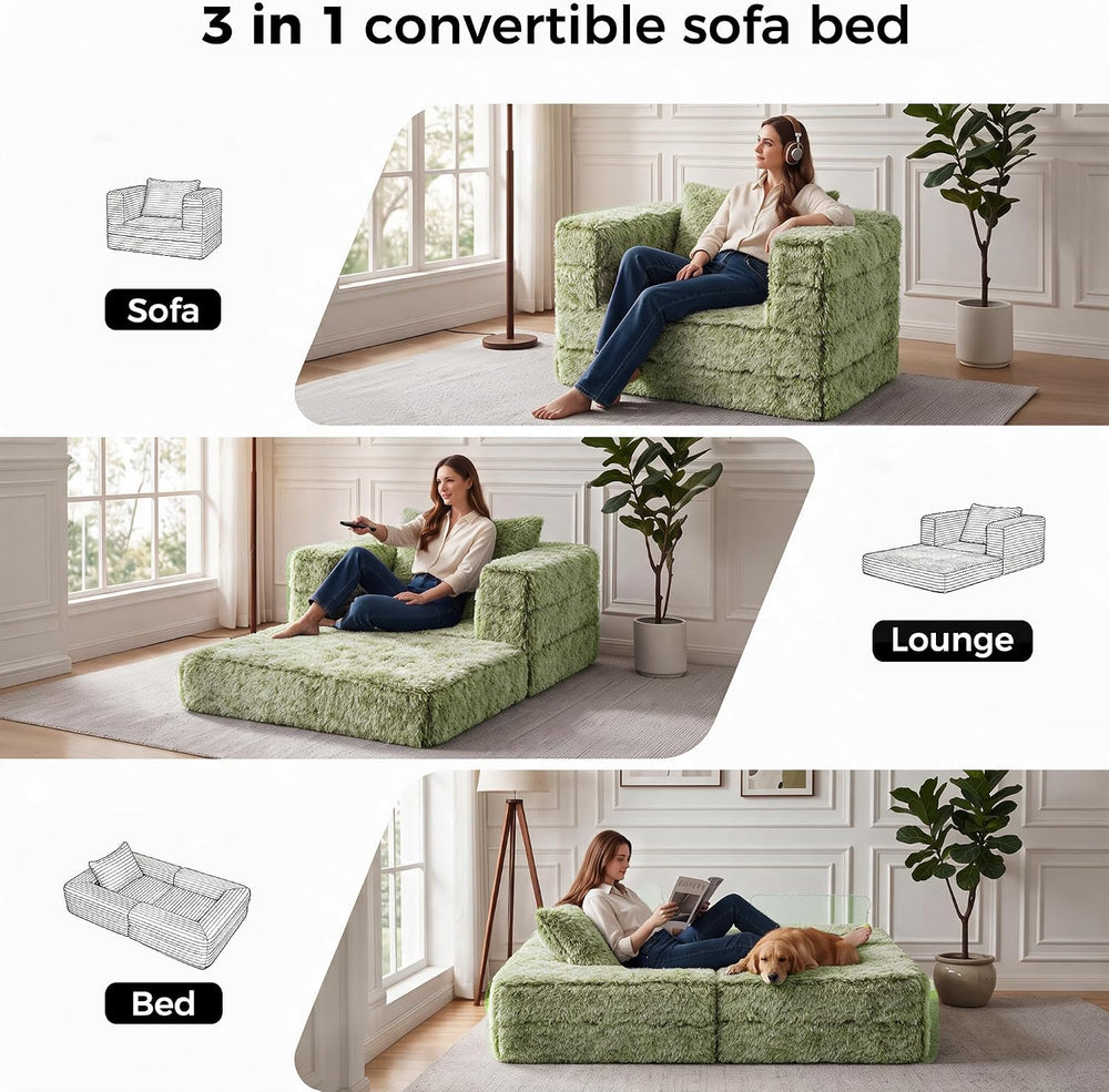 Convertible Sofa Bed, 3-in-1 Futon Sofa Bed with Pillow, Foldable Pull Out Fl...