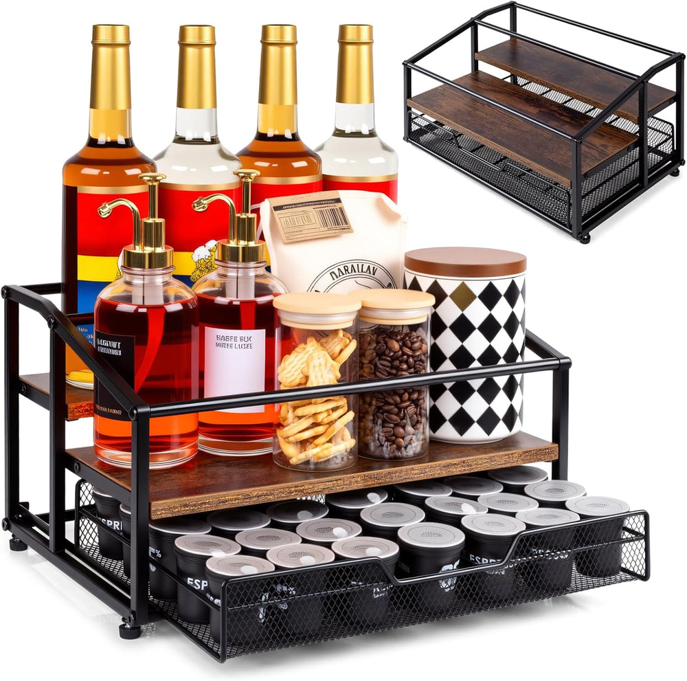 kimilus Coffee Syrup Rack Organizer, 3-Tier 8 Bottle Syrup Rack with 35 K Cup...