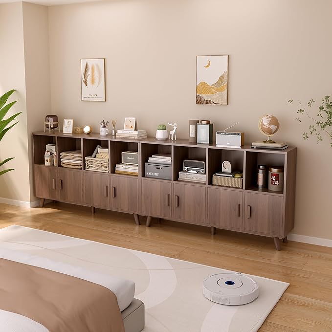 Cubby Shelf Bookcase with Doors - Wooden 8 Cubes Floor Standing Open Bookshelf with Solid Wood Legs, 2-Tier Low Storage Cabinet, Walnut