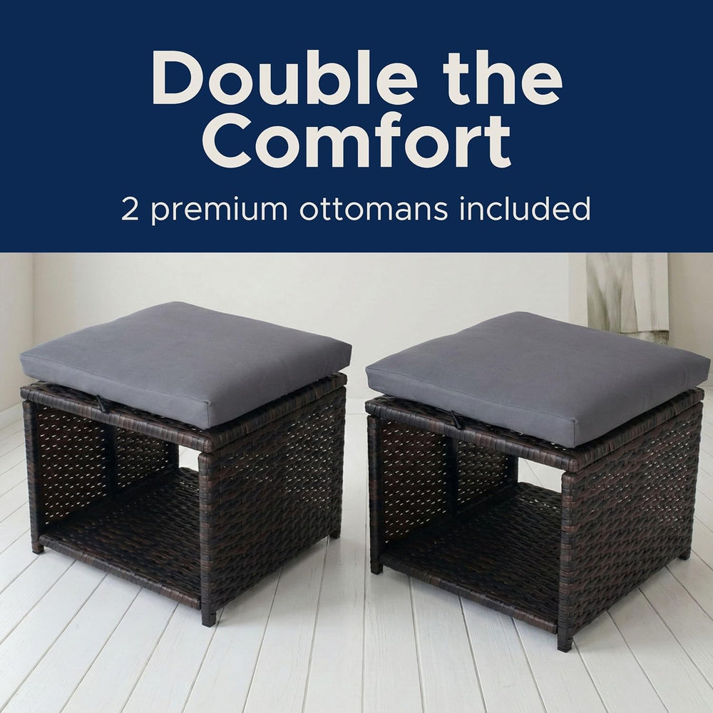 Outdoor Storage Ottoman (Set of 2) - All-Weather Wicker Patio Footstool with ...