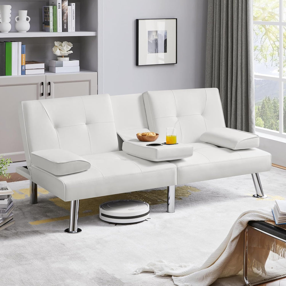 Yaheetech Convertible Futon Sofa Bed Loveseat with Cup Holder, White