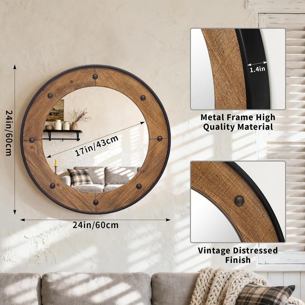 Rustic Round Wall Mirror 24 Inch, Natural Wood Frame with Black Metal Trim, I...
