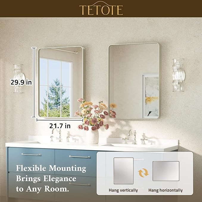 TETOTE Brushed Nickel Mirror 22 x 30 Brushed Nickel Metal Framed Bathroom Mir...