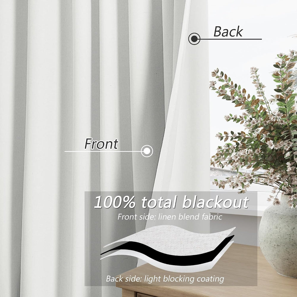 100% Blackout Linen Curtains 84 Inch Long for Bedroom 2 Panels White
