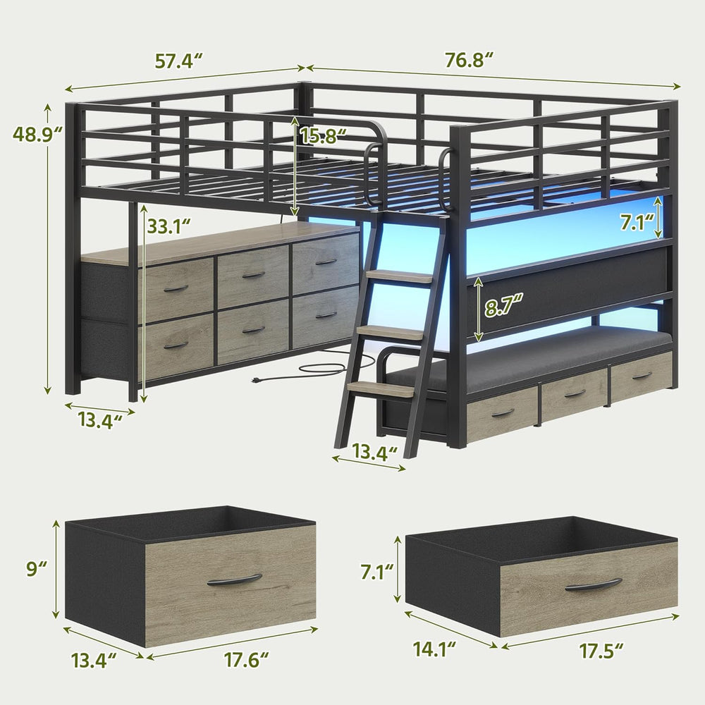 Low Loft Bed Full Size with Desk and 9 Storage Drawers, Oak Gray