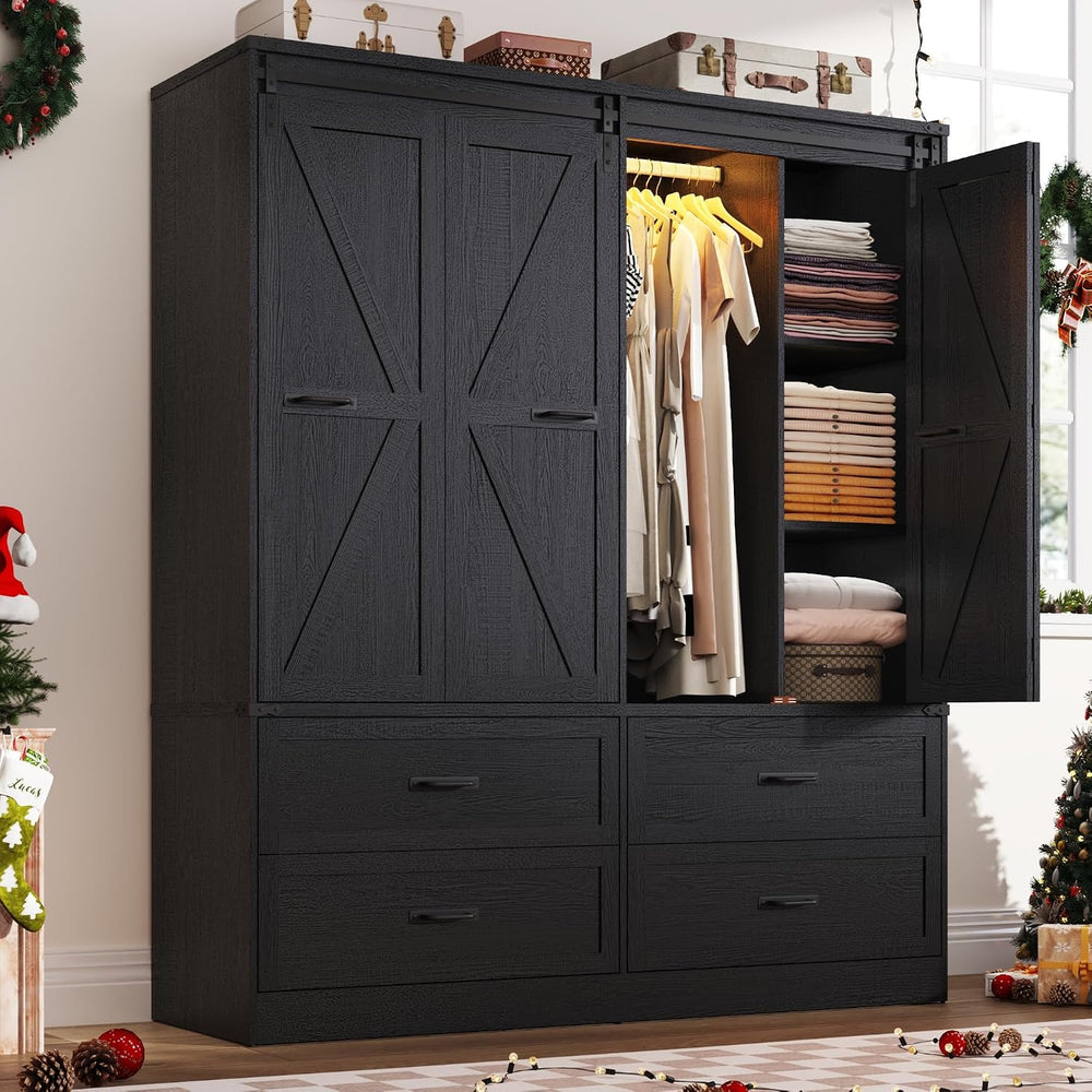 Farmhouse 4 Doors Armoire Wardrobe Closet w/Folding Sliding Barn Door and Lig...