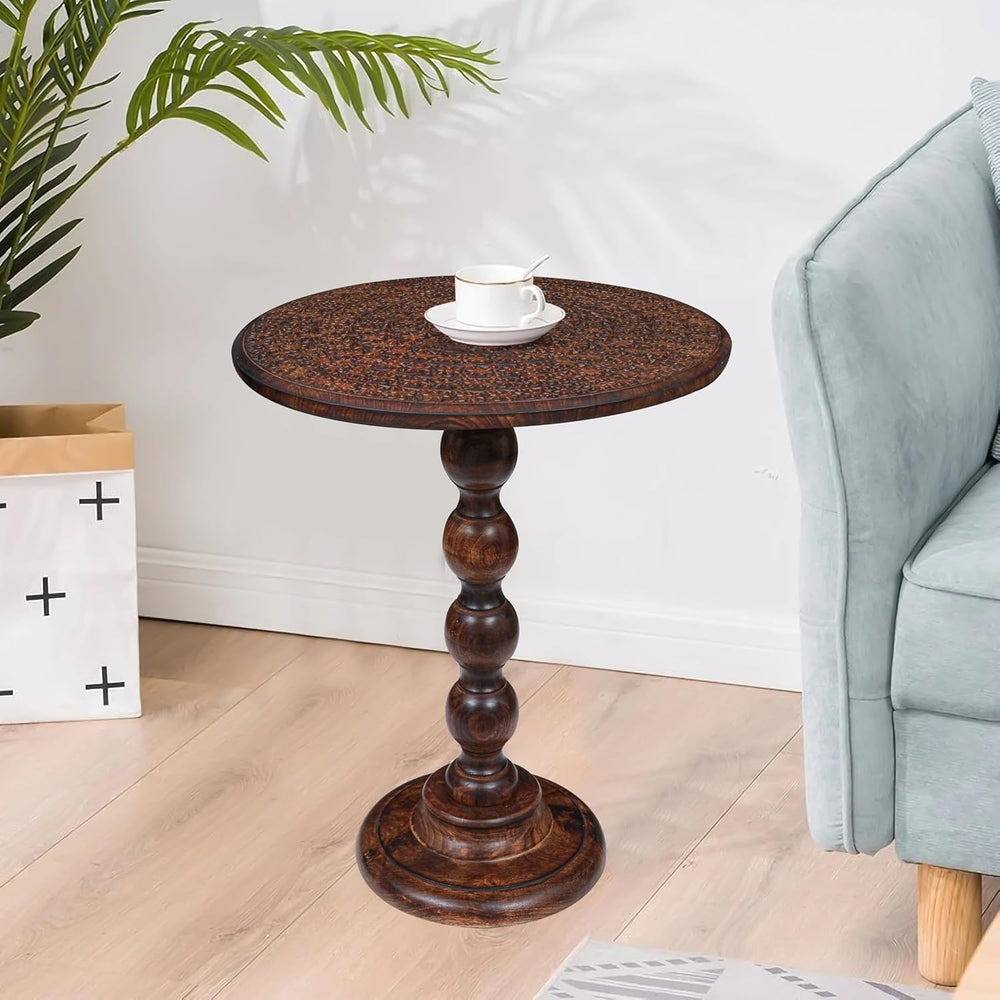 Round Side Table 18x22", Small Drink Table, Hand-Carved Solid Wood