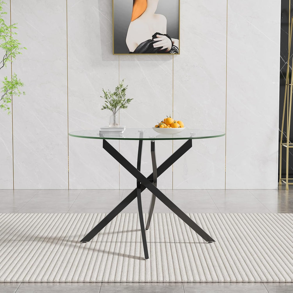 36" Round Glass Dining Table for 4, Circle Kitchen Table with Tempered G...