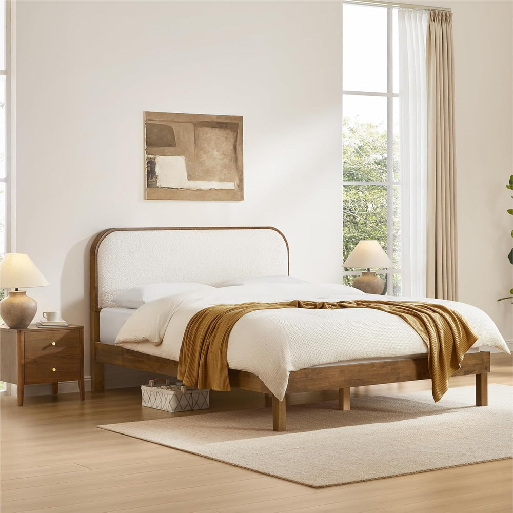 KISLOT Wood Bed Frame with Upholstered Headboard, Mid-Century Boucle Fabric P...