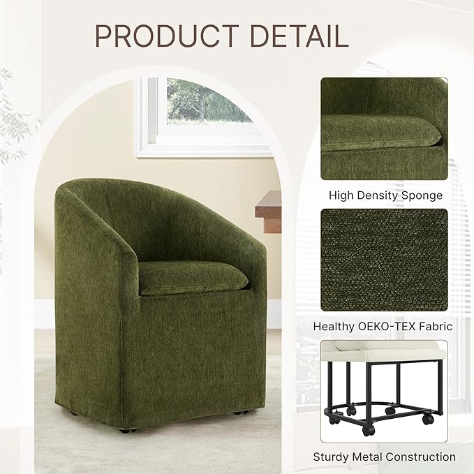 Upholstered Dining Chairs with Casters, Washable Cover Modern Dining Room Cha...