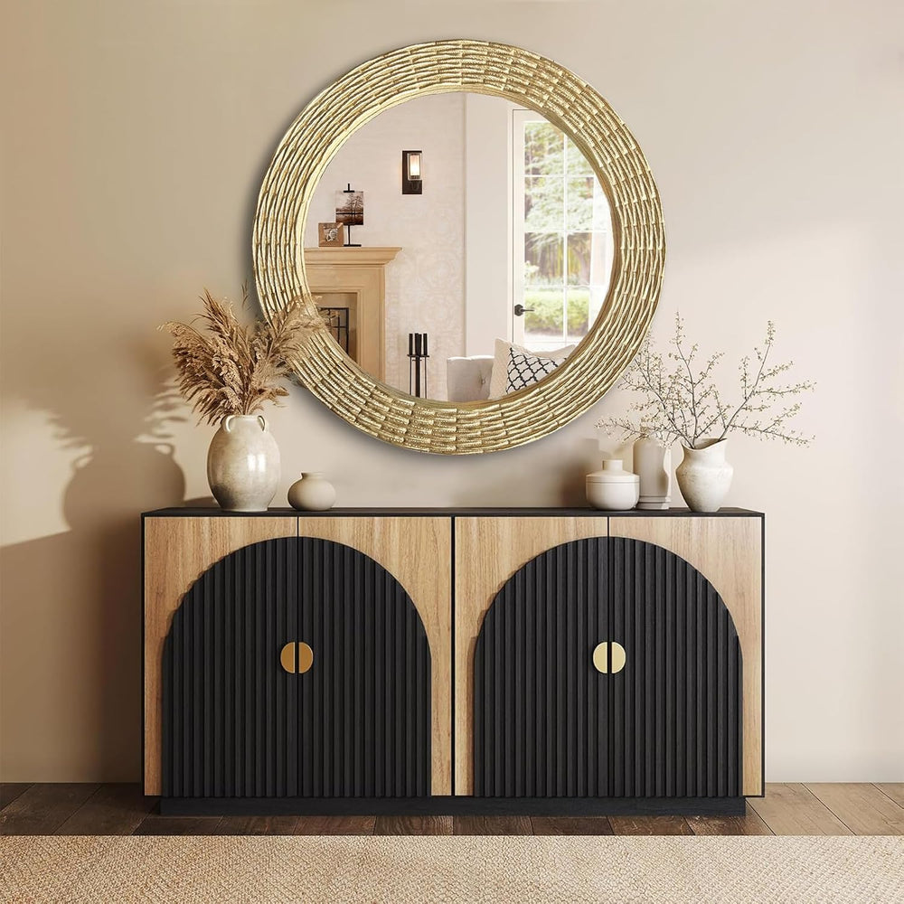 WAMIRRO Gold Round Wood Mirror, 36 Inch Hand Carved Solid Wood Frame Circle M...