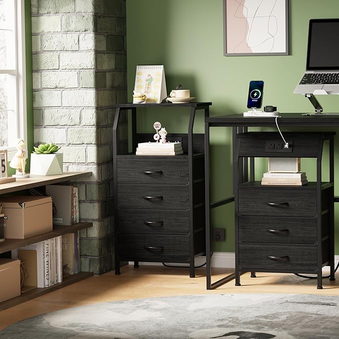 Furnulem Night Stand with Charging Station, 4 Drawer Dresser with Storage She...