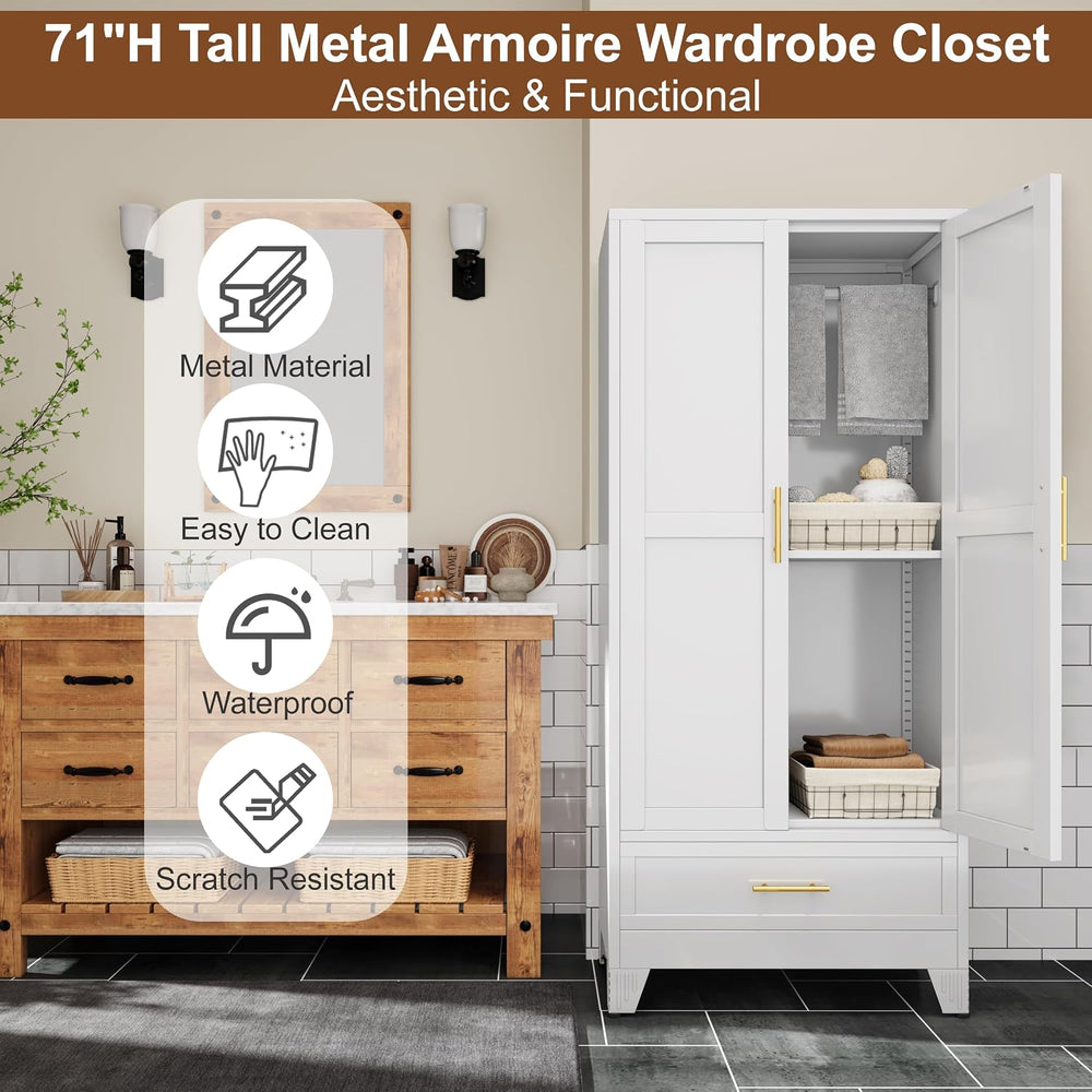 71" White Metal Tall Clothing Storage Armoire Wardrobe