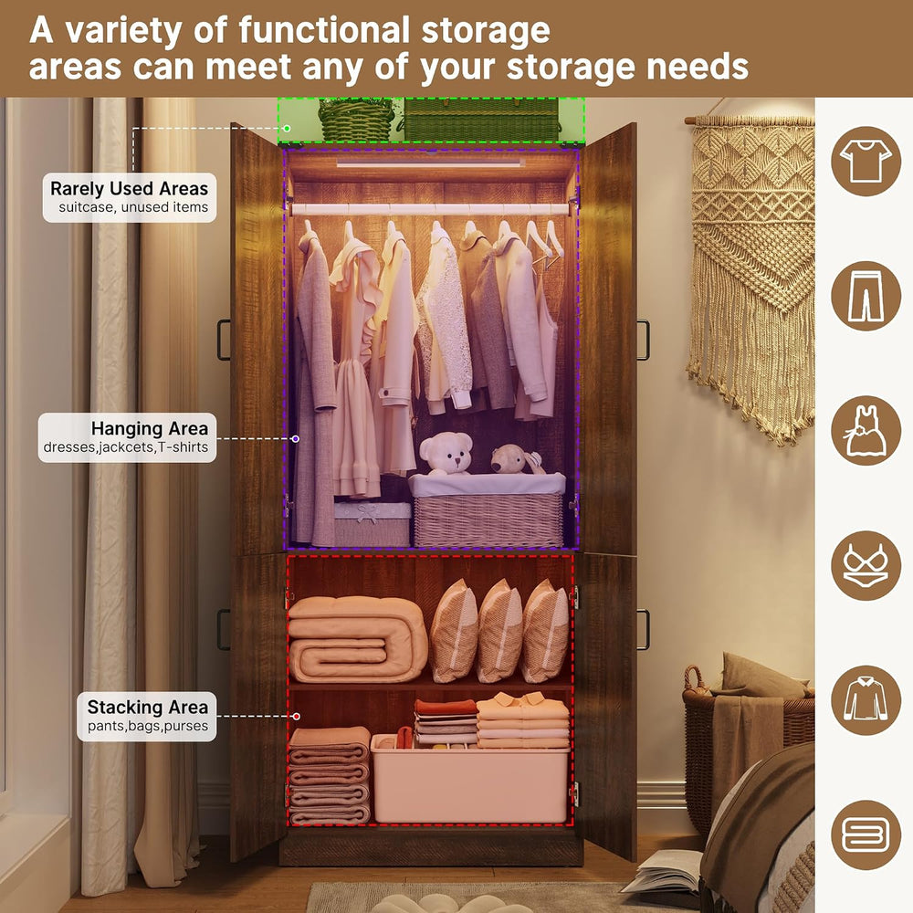 75" Tall Farmhouse 2 Doors Armoire Wardrobe Closet with LED,Freestanding...