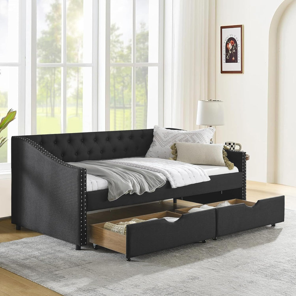 Daybed with Drawers, Modern Linen Upholstered Twin Size Day Bed Button-Tufted...
