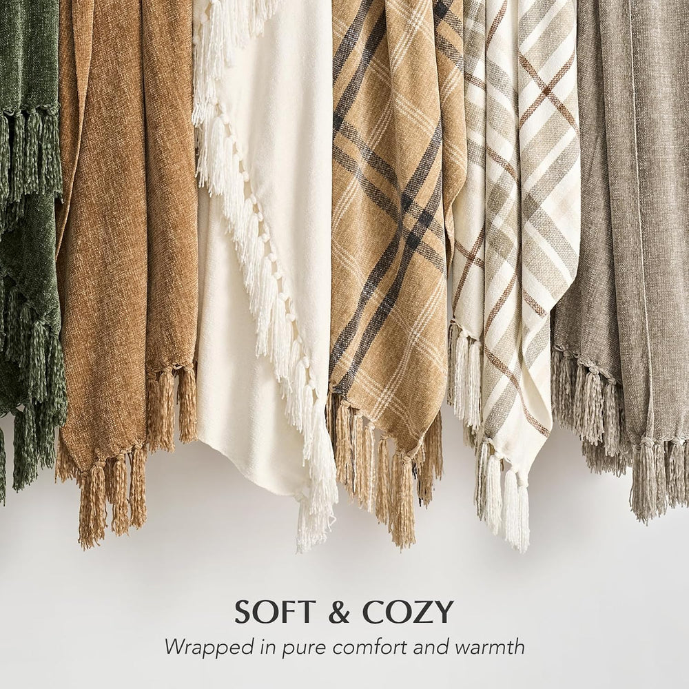 EverGrace Plaid Chenille Knit Throw Blanket for Couch, 50"x60", Beige