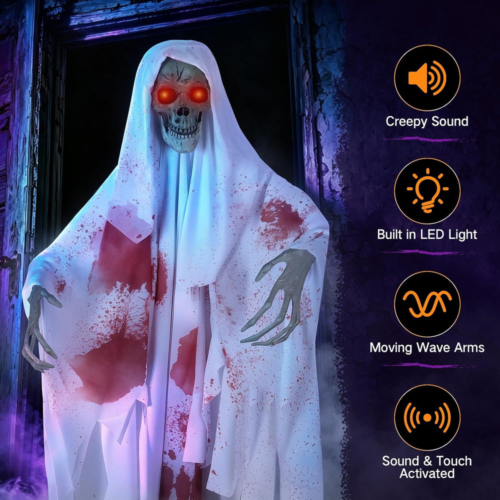 OUTON 67" Halloween Decorations Outdoor Animatronics Skeleton Ghost Decor