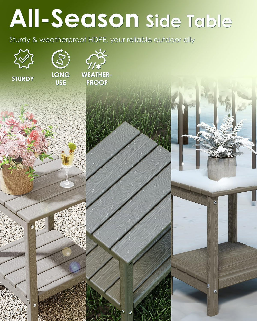 GREENVINES Outdoor Side Table, HDPE 2-Tier Adirondack Tables, Wood Grain