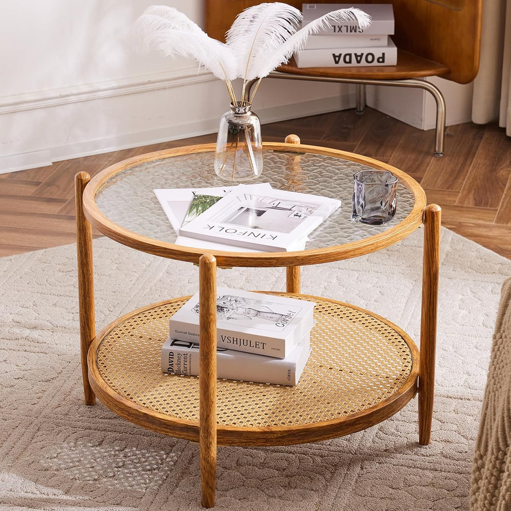 VINGLI 25.6" Round Glass Coffee Table, Rattan Coffee Table, Natural Vibe