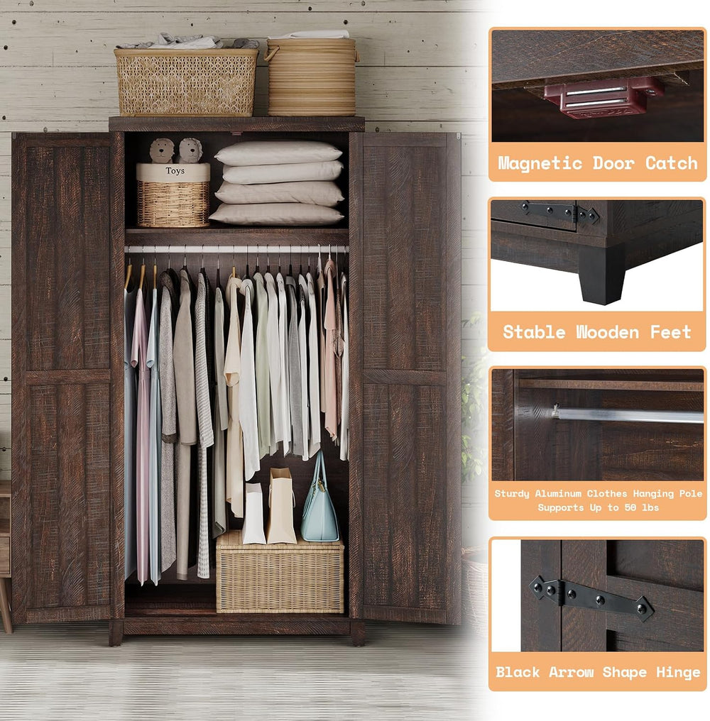 AMERLIFE 71" Farmhouse Wardrobe Closet with Hanging Rod & Barn Doors