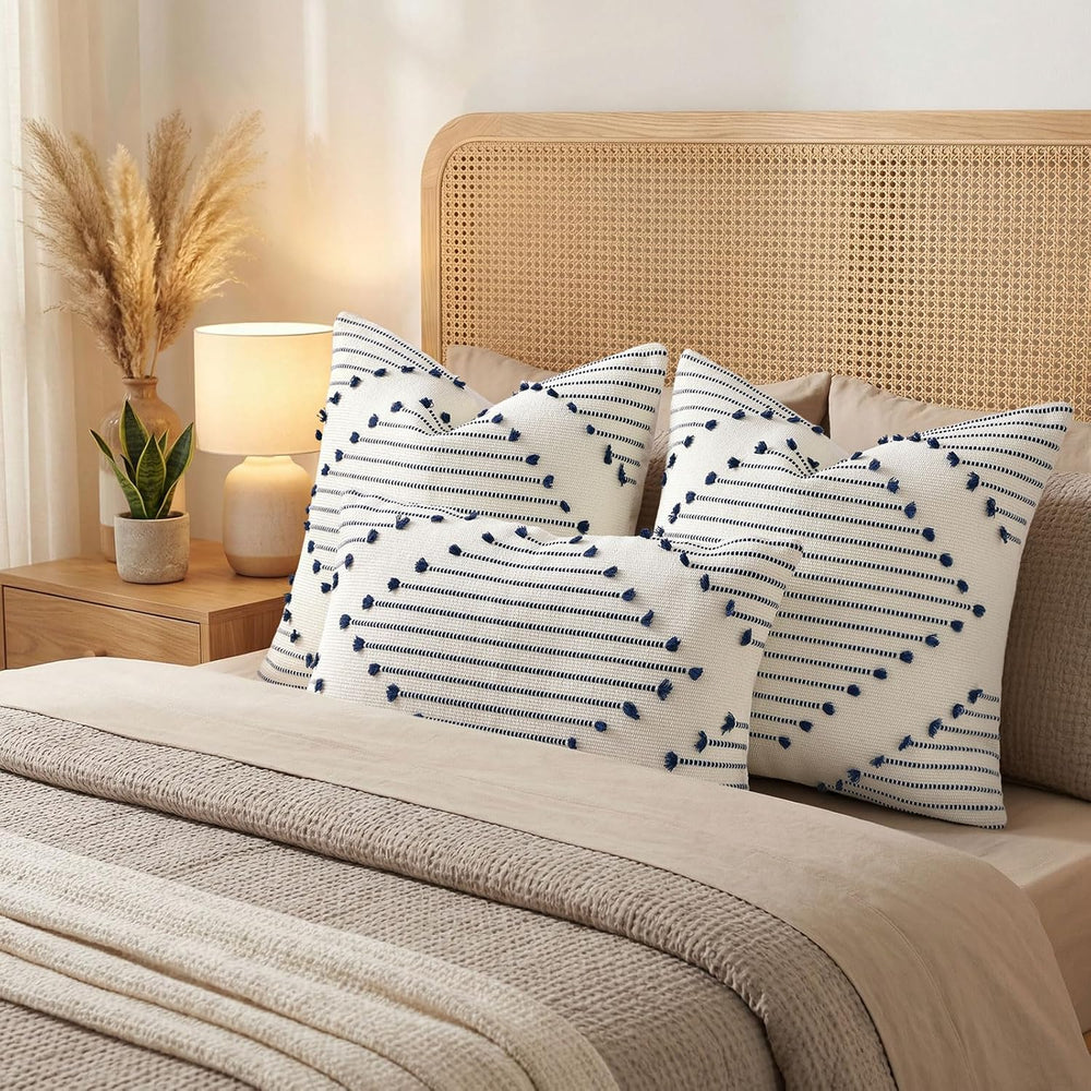 Mecatny Boho Outdoor Throw Pillow Covers 20x20 Set of 2 Navy & Cream White