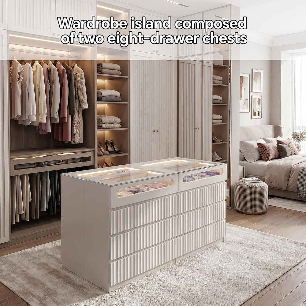 Modern 16 Drawer Wardrobe Armoire,Fluted Island Dresser,White Oak Grain