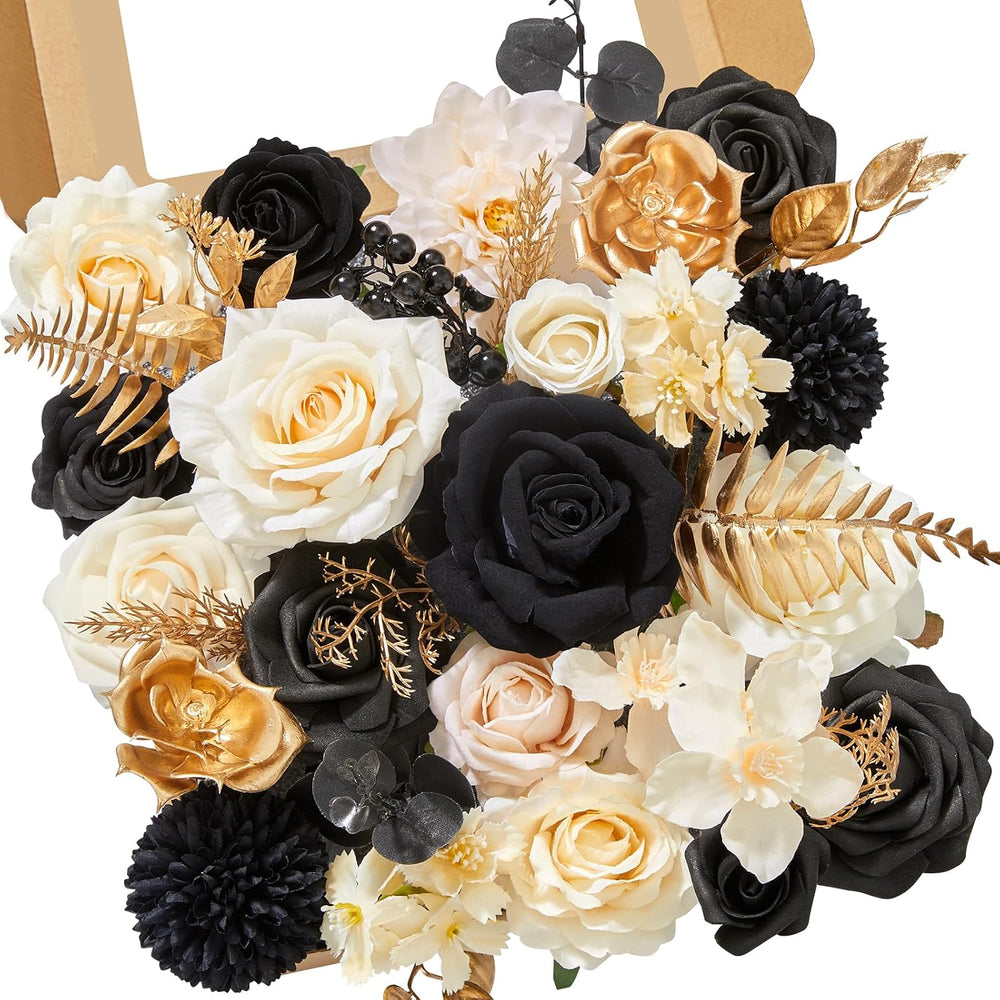 Alecono Silk Artificial Flowers, Black Champagne DIY Wedding Bouquet Set